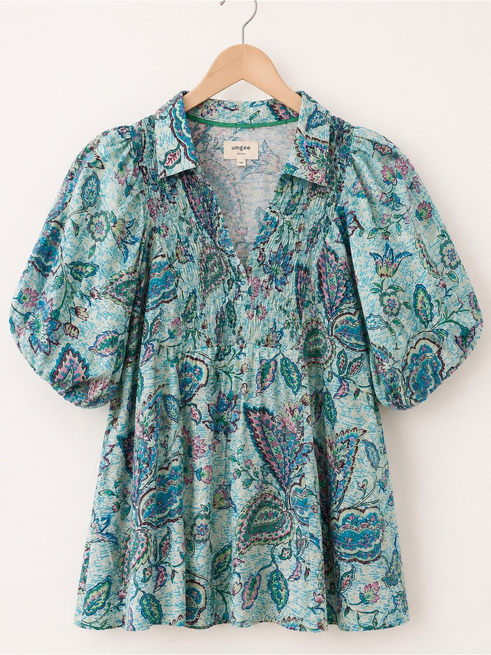 Umgee Boho Aqua Blue/Purple Paisley Floral Pintuck Puff Sleeve Blouse Top 1XL - Picture 4 of 8